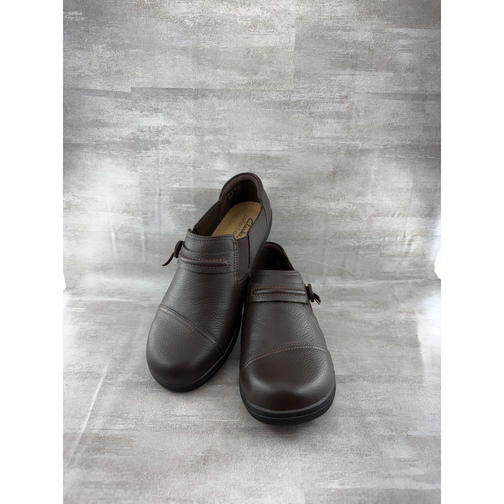 Clarks Cheyn Madi Dark Brown Leather Slip On Loafers Women Sz 7.5 W Wide Cap Toe